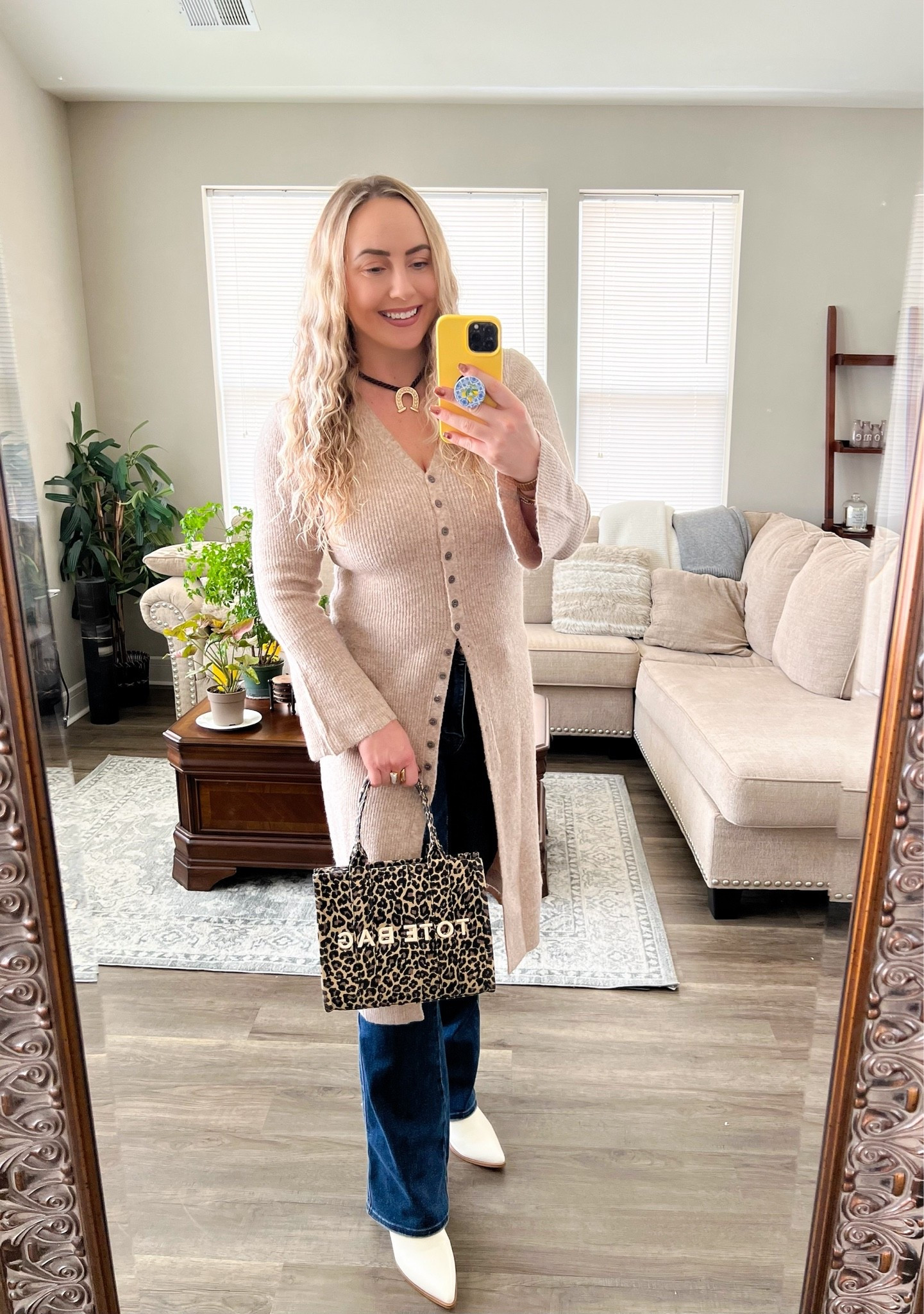 Fall layers are officially back 🤎 This long neutral cardigan is the perfect throw on piece with jeans and boots, and I love how the leopard bag adds a little print without taking over the look. Easy, cozy, and still put together exactly how I want to dress for fall. 

Fall outfits women

#LTKootd #LTKSeasonal #LTKTall