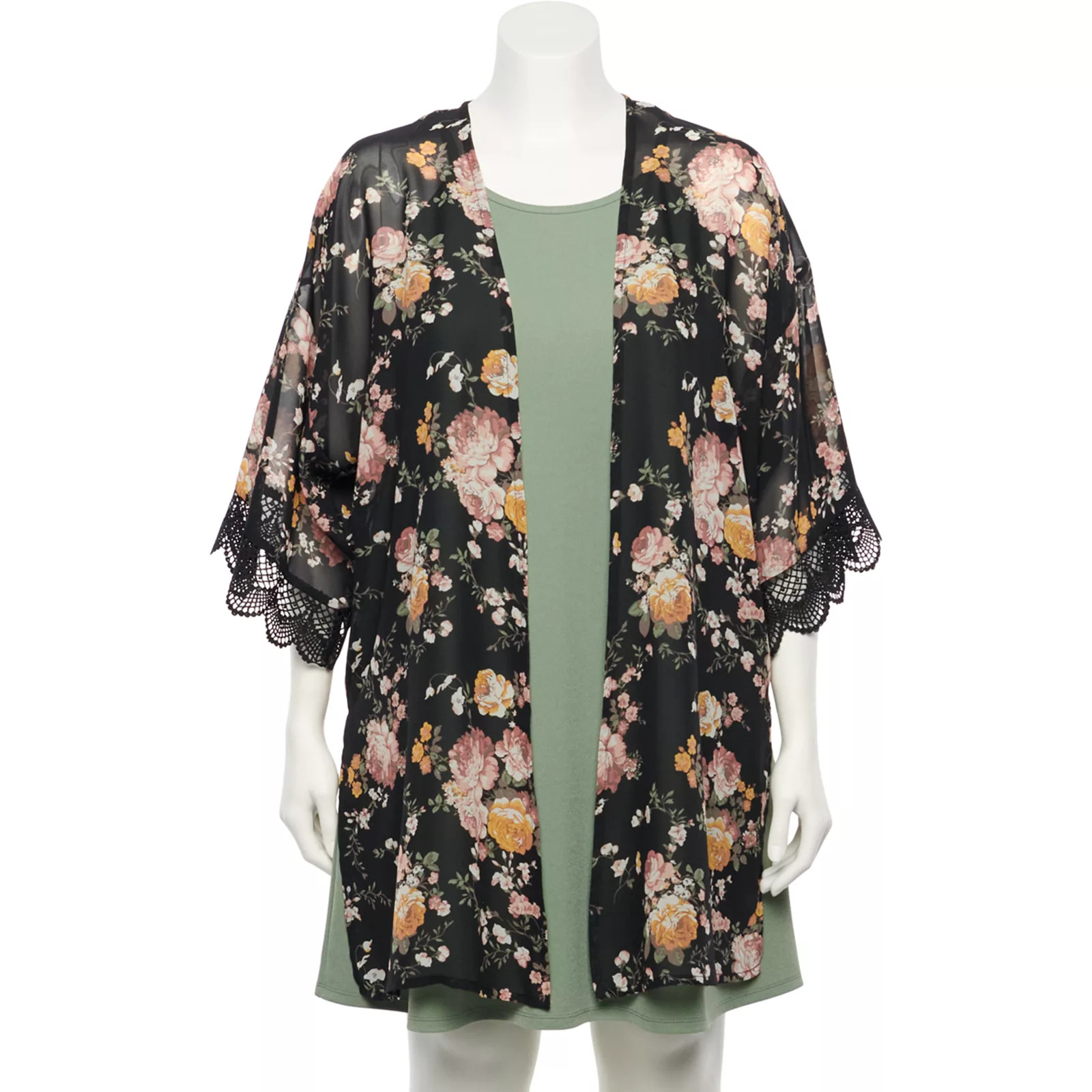 Juniors' Plus Size WallFlower Solid Dress & Printed Kimono Set, Girl's, Size: 2XL, Dark Green | Kohl's