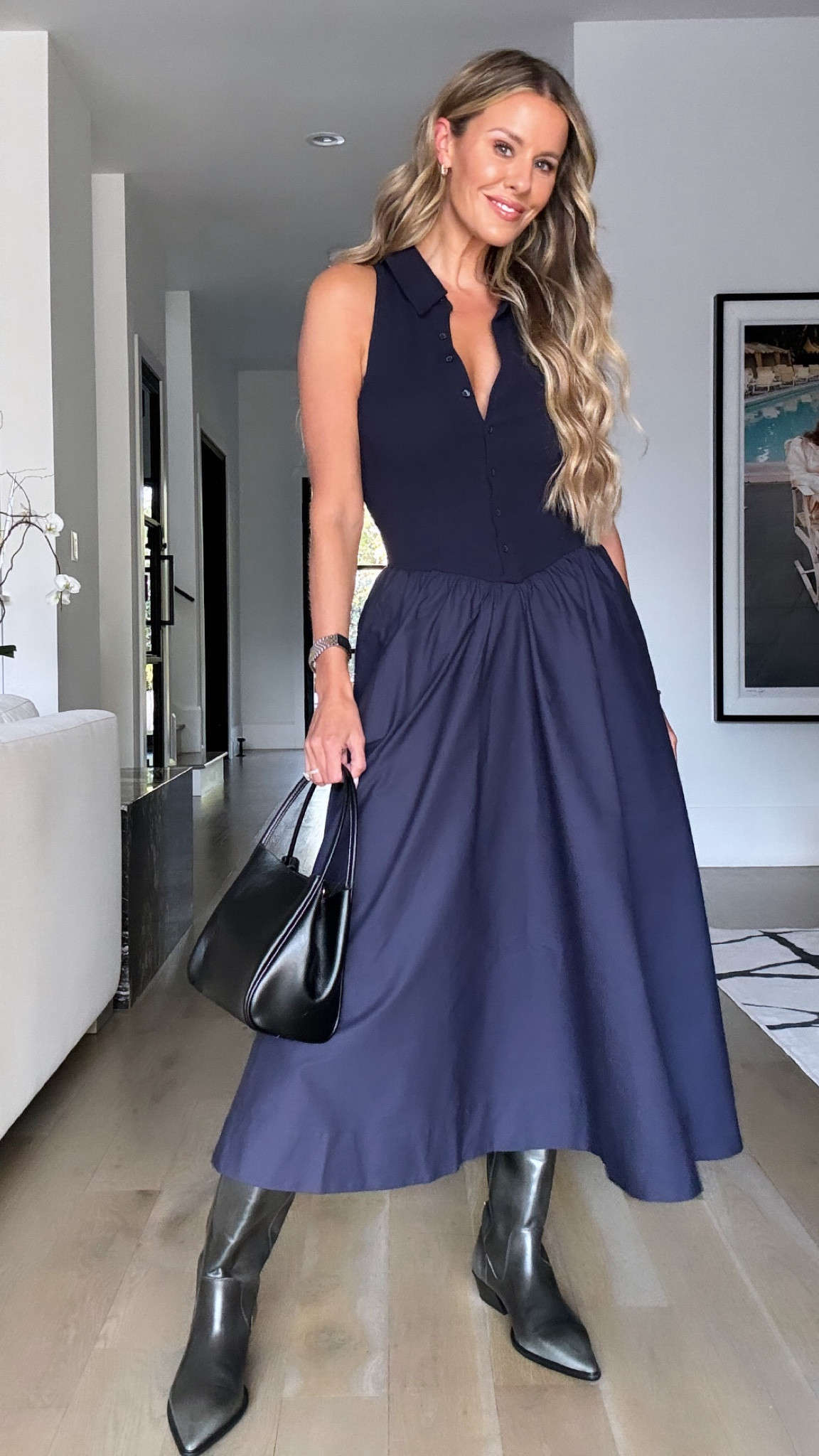 This navy @anthropologie dress is the perfect example of how to transition your midi sleeveless dresses into the fall! Wearing a size small! 

#LTKStyleTip #LTKShoeCrush #LTKItBag