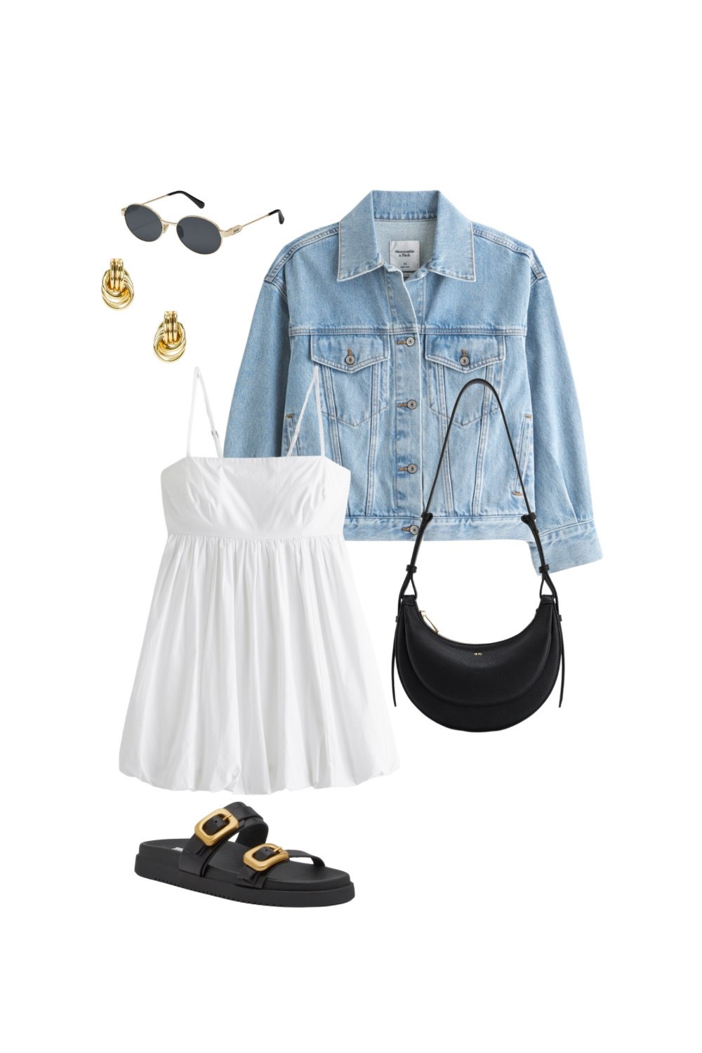 Chic & Effortless Spring Outfit ☁️✨ A breezy white sundress paired with a classic denim jacket, black accessories, and gold details for the perfect casual yet polished look! #SpringStyle #EffortlessFashion #MinimalChic