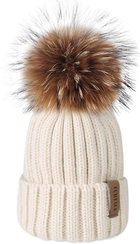 Winter Knit Hat Detachable Real Raccoon Fur Pom Pom Womens Girls Warm Knit Beanie Hat | Amazon (US)