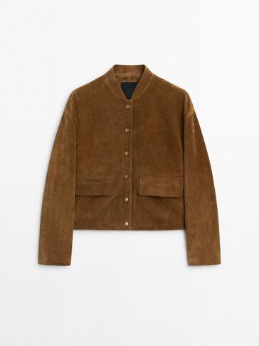 Suede leather bomber jacket with gold snap buttons | Massimo Dutti (US)