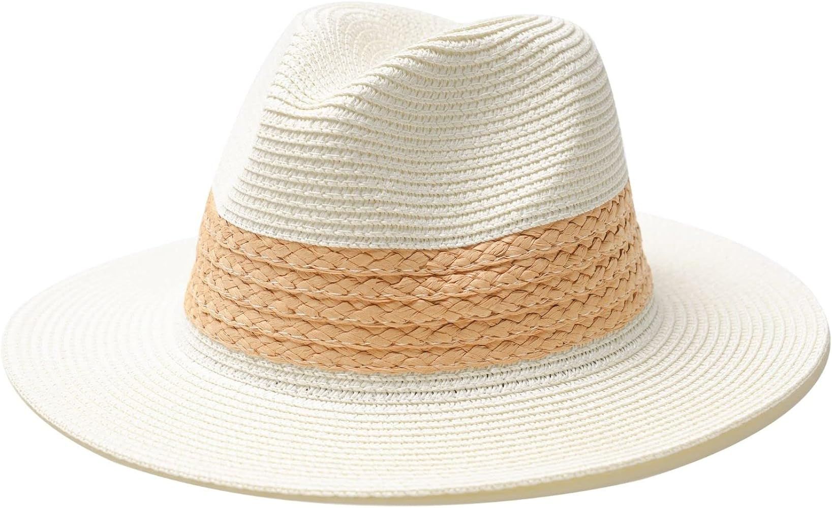 accsa Straw Panama Hat for Women Stylish Wide Brim Sun Hat Adjustable Beach Hats Ladies Summer Fedor | Amazon (US)