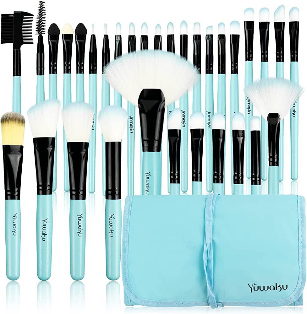Blue Makeup Brushes, 32Pcs Essential Eyeshadow Eyeliner Face Powder Cream Liquid Cosmetic Brushes... | Amazon (US)