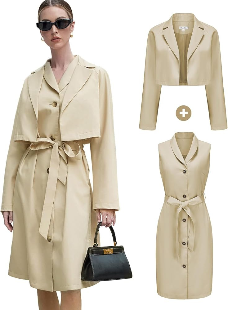 EXLURA Women's Two Piece Set Lapel Short Suit Coat and Waistband Button Vest Dress 2023 Fall | Amazon (US)