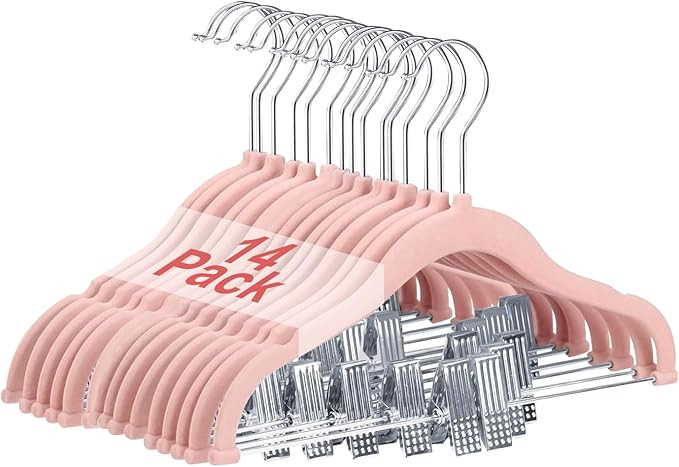 Baby Clothes Hangers with Clips, 14 Packs Kids Velvet Clothes Hangers, Heavy-Duty Childrens Hange... | Amazon (US)