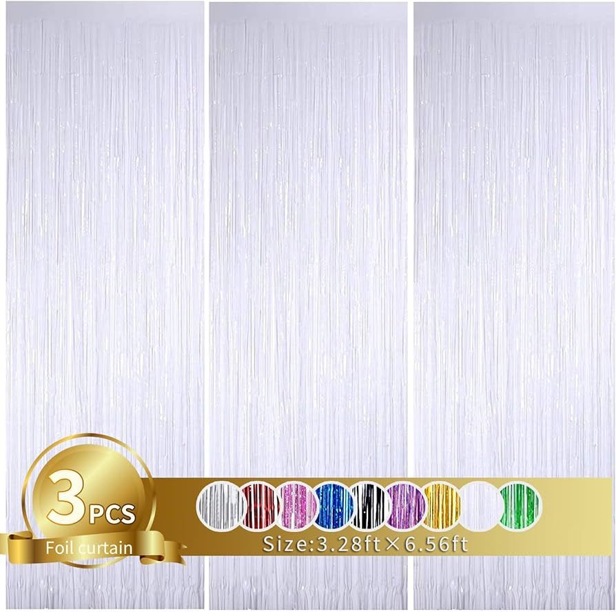 TONIFUL 3Pcs White Door Streamers,White Photo Booth Backdrop Metallic Streamers White Foil Fringe... | Amazon (US)