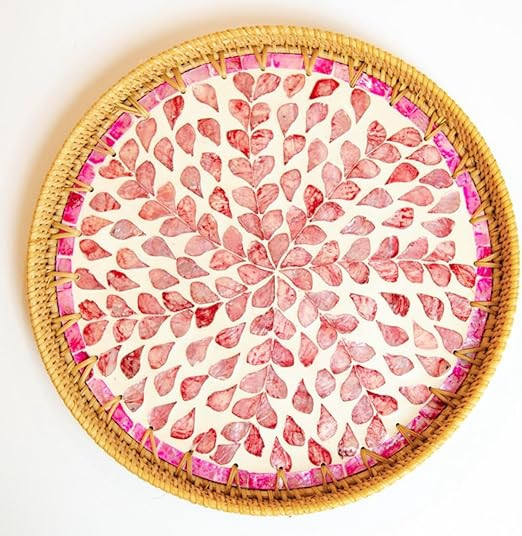 Magenta & Teal Round Rattan Serving Tray with Mother of Pearl Inlay, Wicker Coffee Table Decor, F... | Amazon (US)