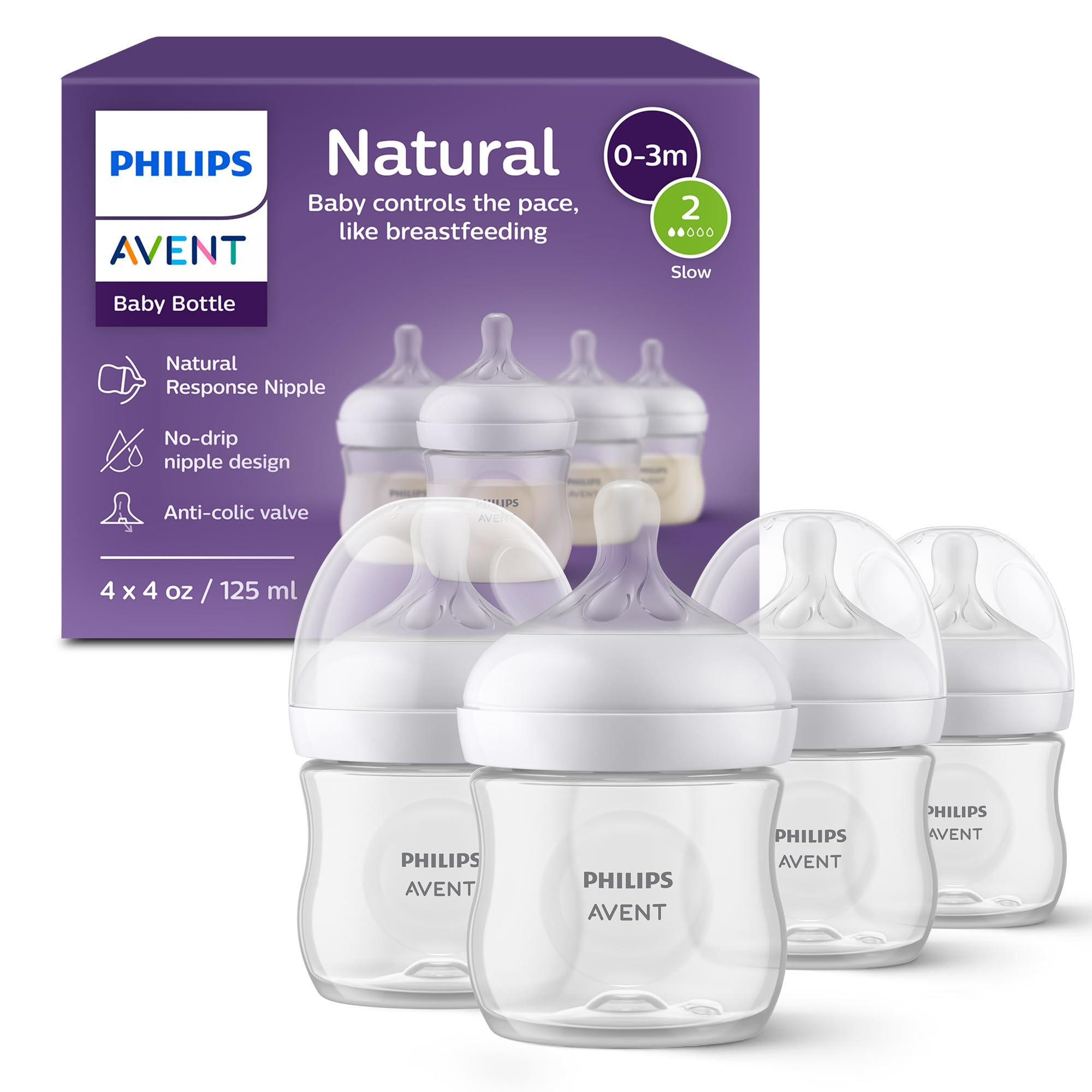 Philips Avent Natural Baby Bottles with Natural Response Nipples (Slow Flow, Flow 2), 4oz, 4-Pack... | Amazon (US)