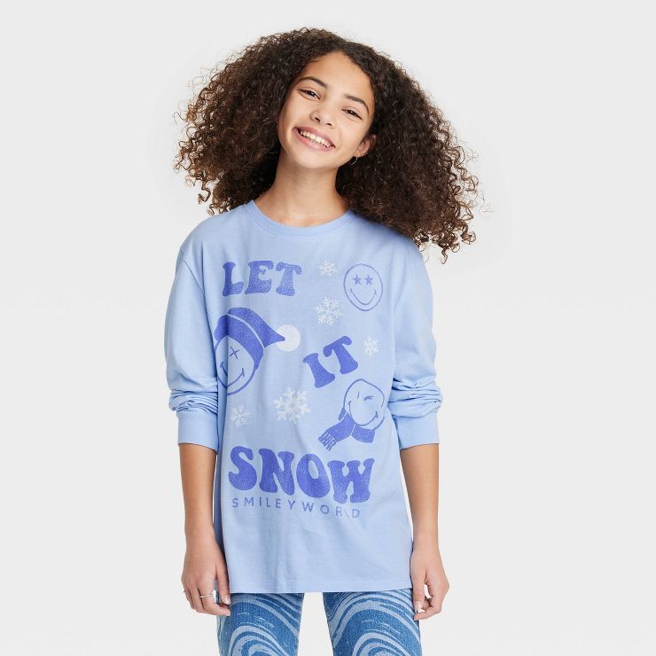 Girls' Oversized Smiley World Long Sleeve Graphic T-Shirt - art class™ Light Blue | Target