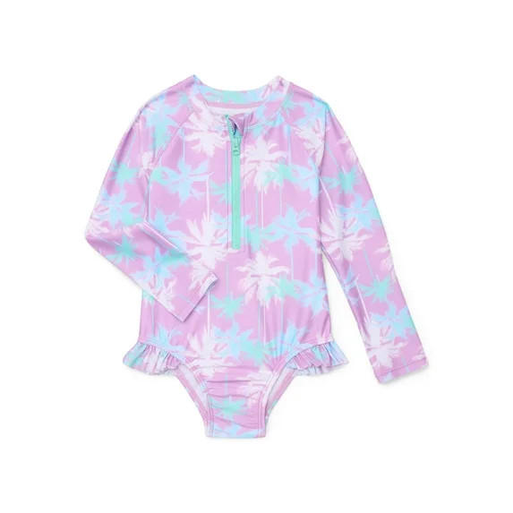Wonder Nation Baby and Toddler Girls Long Sleeve Swim Rashguard One-Piece, Size 12M-5T | Walmart (US)