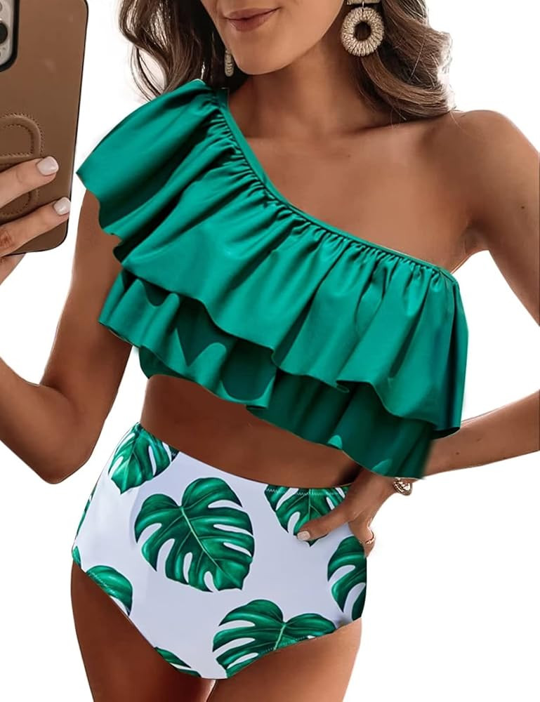 VIMPUNEC Ruffle One Shoulder Swimsuits for Women Cute High Waisted Two Piece Bathing Suits | Amazon (US)