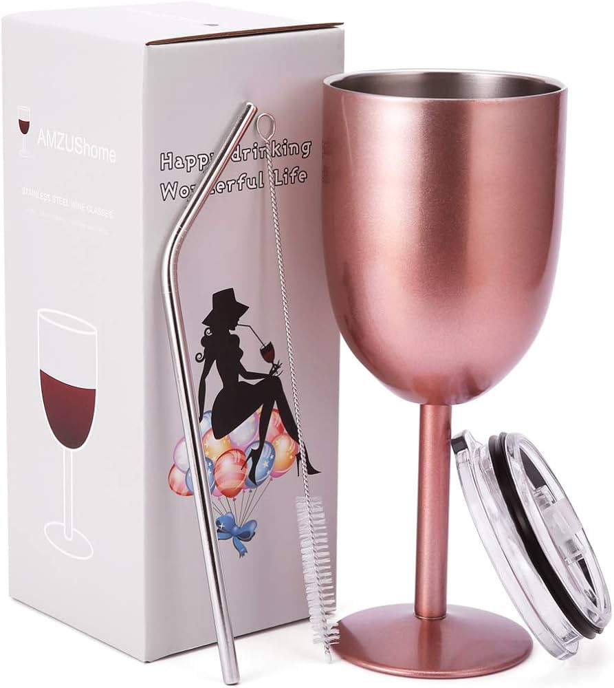 AMZUShome Stainless Steel Wine Glasses Cups.Double Walled Vacuum Insulated Wine Tumbler With Lid ... | Amazon (US)