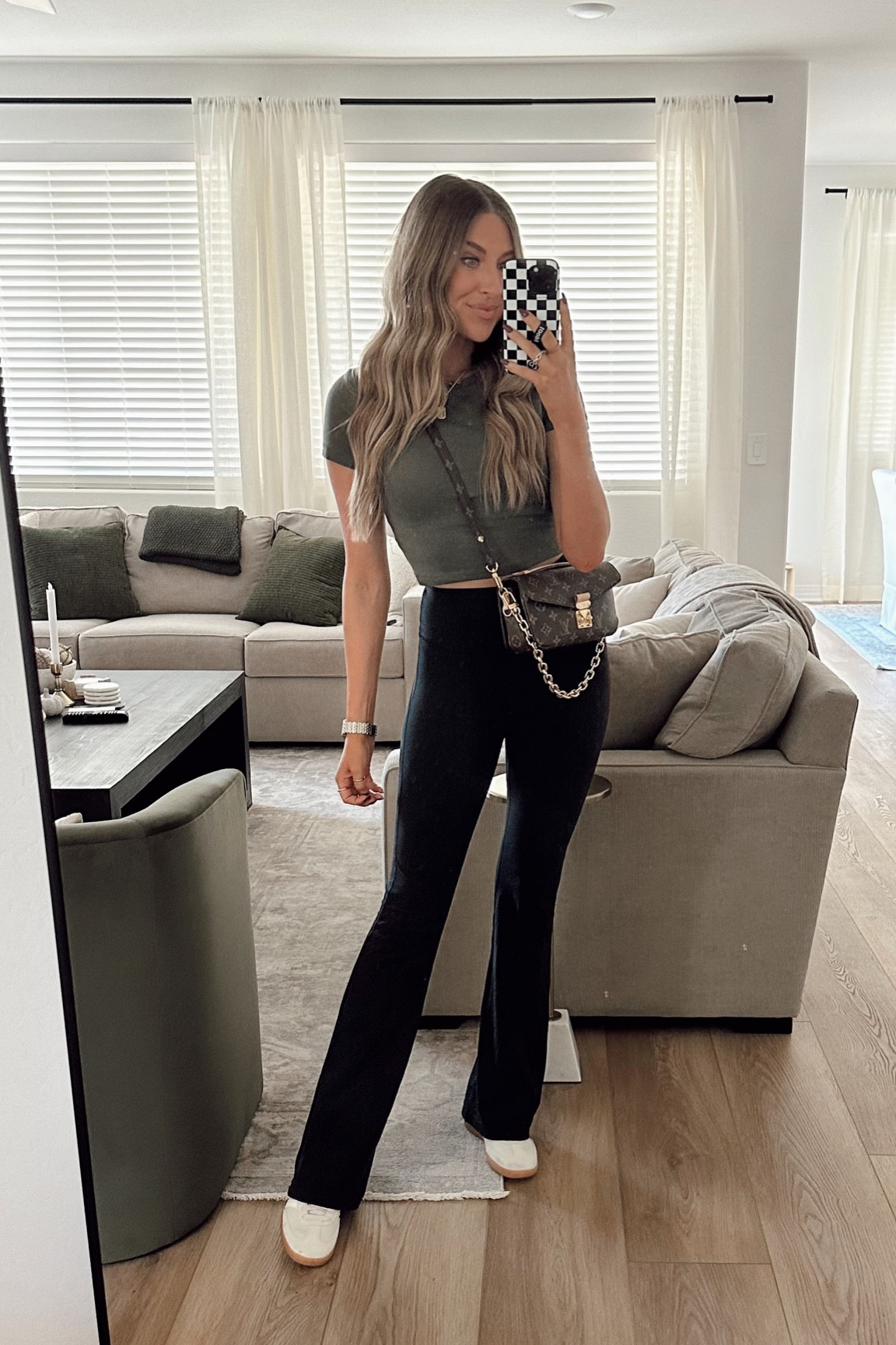 Casual outfit! Lululemon groove pants size 4. Louis Vuitton crossbody 