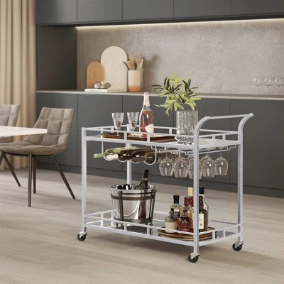 Spacious 2-Tier Silver Metal Bar Cart - Large Size, Keep 'Em Safe And Fresh, Roll Or Stay, Make A Statement, Effortless Assembly | Wayfair North America