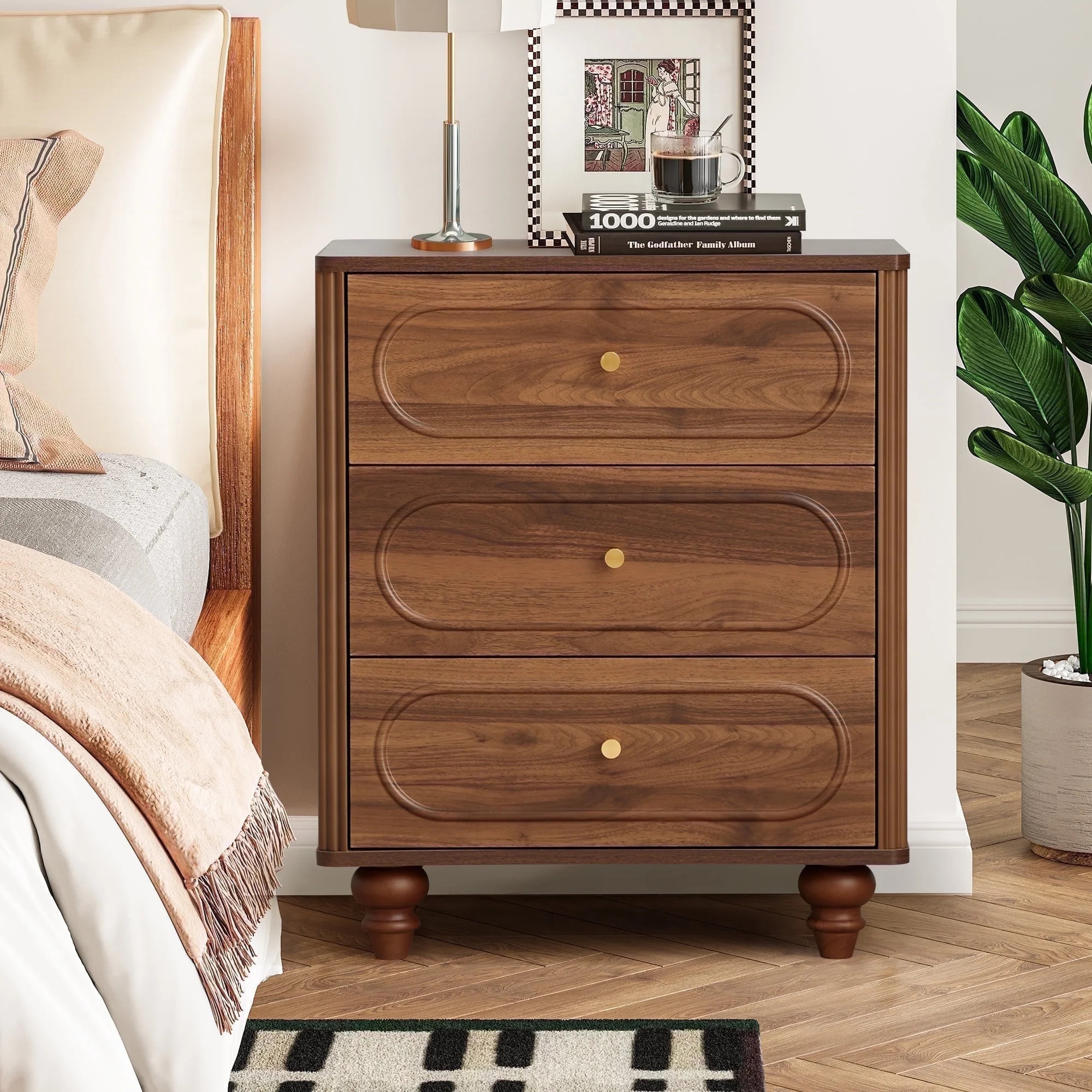 YOCWO 3 Drawer Nightstand, Classic Chest of Drawers with Arc Edge, Walnut | Walmart (US)