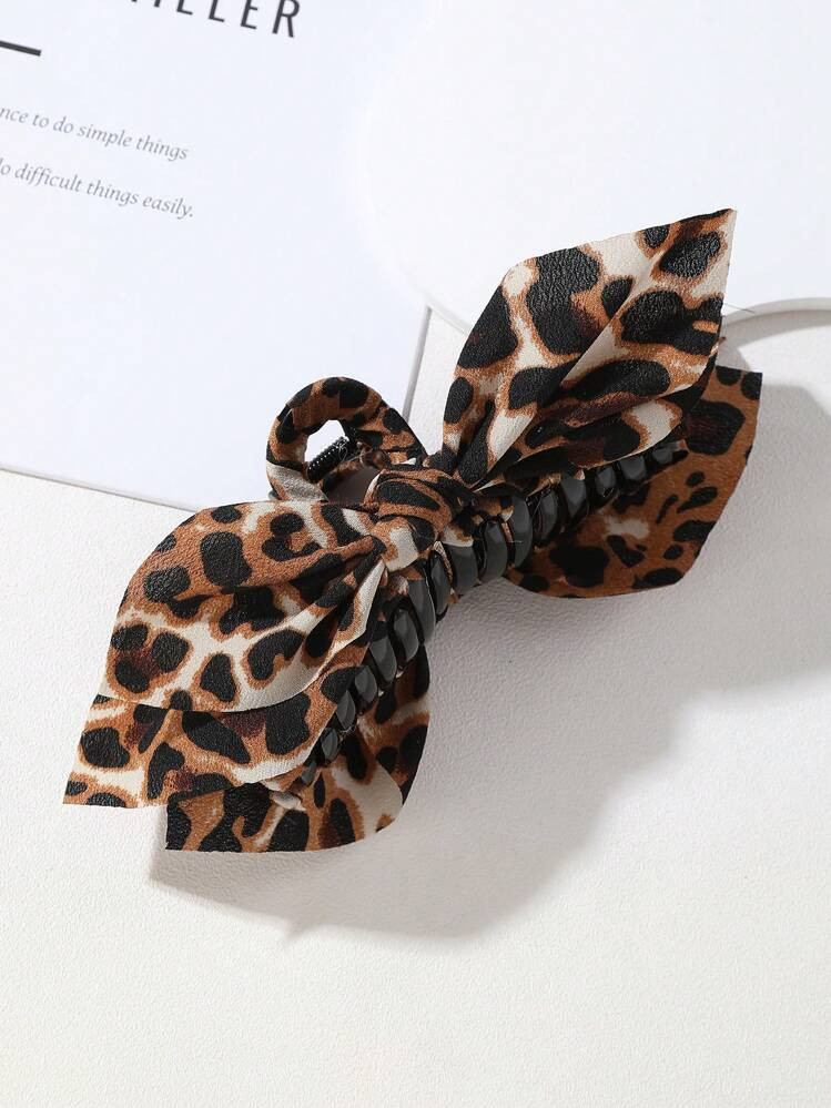 1pc Leopard Print Casual PS (Polystyrene) Claw Clip With Bow Design Big Hair Clip For Daily Wear, Shower & Hairstyle,Hair Accessories,Hair Claw,Claw Clips,Hair Clutch,Hair Jaw Clip | SHEIN