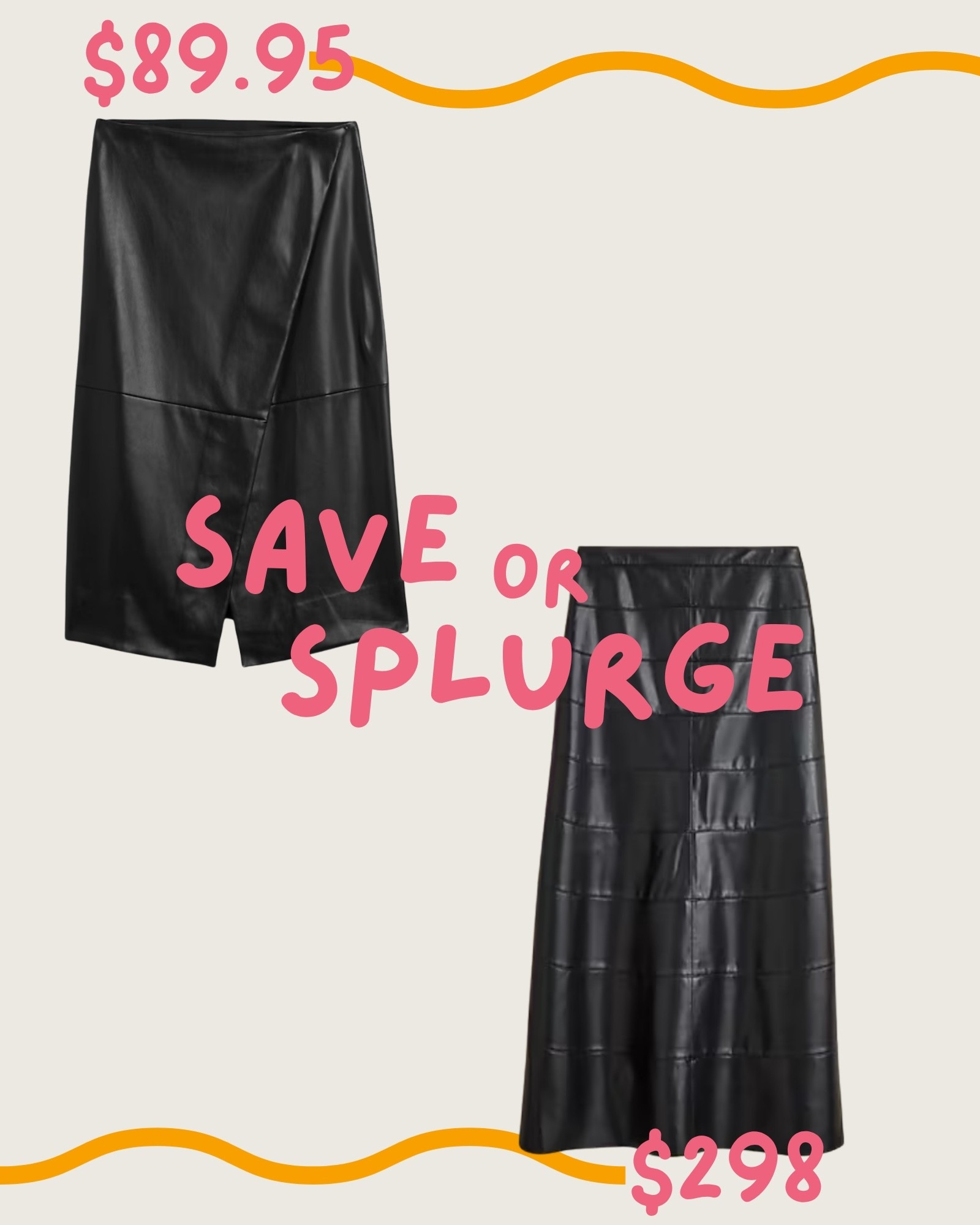 Save or splurge? 🖤

Sleek, structured, and timeless — a black leather midi skirt is a fall essential that instantly elevates any look.

 Save: GAP’s Soft Vegan Leather Midi Skirt ($89.95) — an asymmetrical wrap style with a concealed closure, made from 100% recycled polyester.

Splurge: J.Crew’s Faux Leather A-line Midi Skirt ($298) — tailored with horizontal seaming for a refined, polished finish.

Style it with a chunky knit, tall boots, or a crisp white blouse — perfect for the office, date night, or a holiday event. ✨

#LTKStyleTip #LTKFindsUnder100 #LTKSeasonal