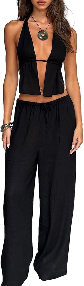 Women Lounge Pants Sets 2 Pieces Outfits Halter Neck Backless Sleeveless Tank Top Wide Leg Pants ... | Amazon (US)