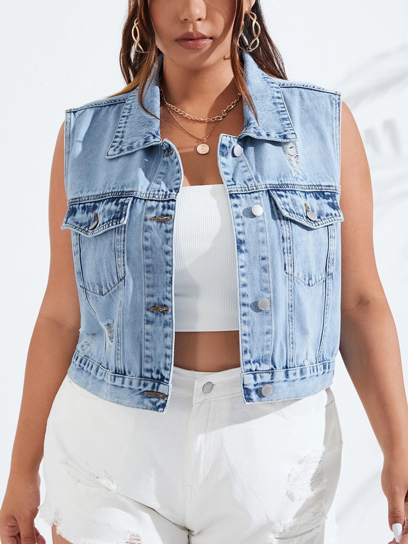 SHEIN Essnce Plus Flap Pocket Vest Denim Jacket | SHEIN