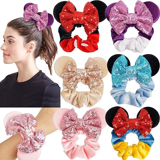 6 Pack Mouse Ears Scrunchies Velvet Sparkle Sequin Mouse Bows Hair Scrunchies Hair Ties Elastic R... | Amazon (US)