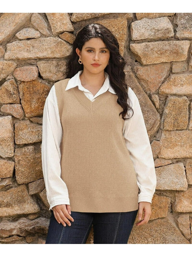 TIYOMI Plus Size Beige Sweater Vest For Women Apricot Sleeveless Tops Knitted Vest Fall Winter Ca... | Walmart (US)