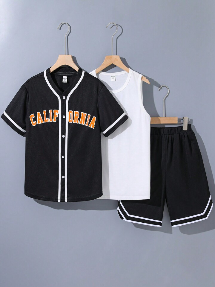 3pcs/Set Tween Boys' Casual Vacation Style Short Sleeve Shirt With Letter Print, Shorts And Knitt... | SHEIN