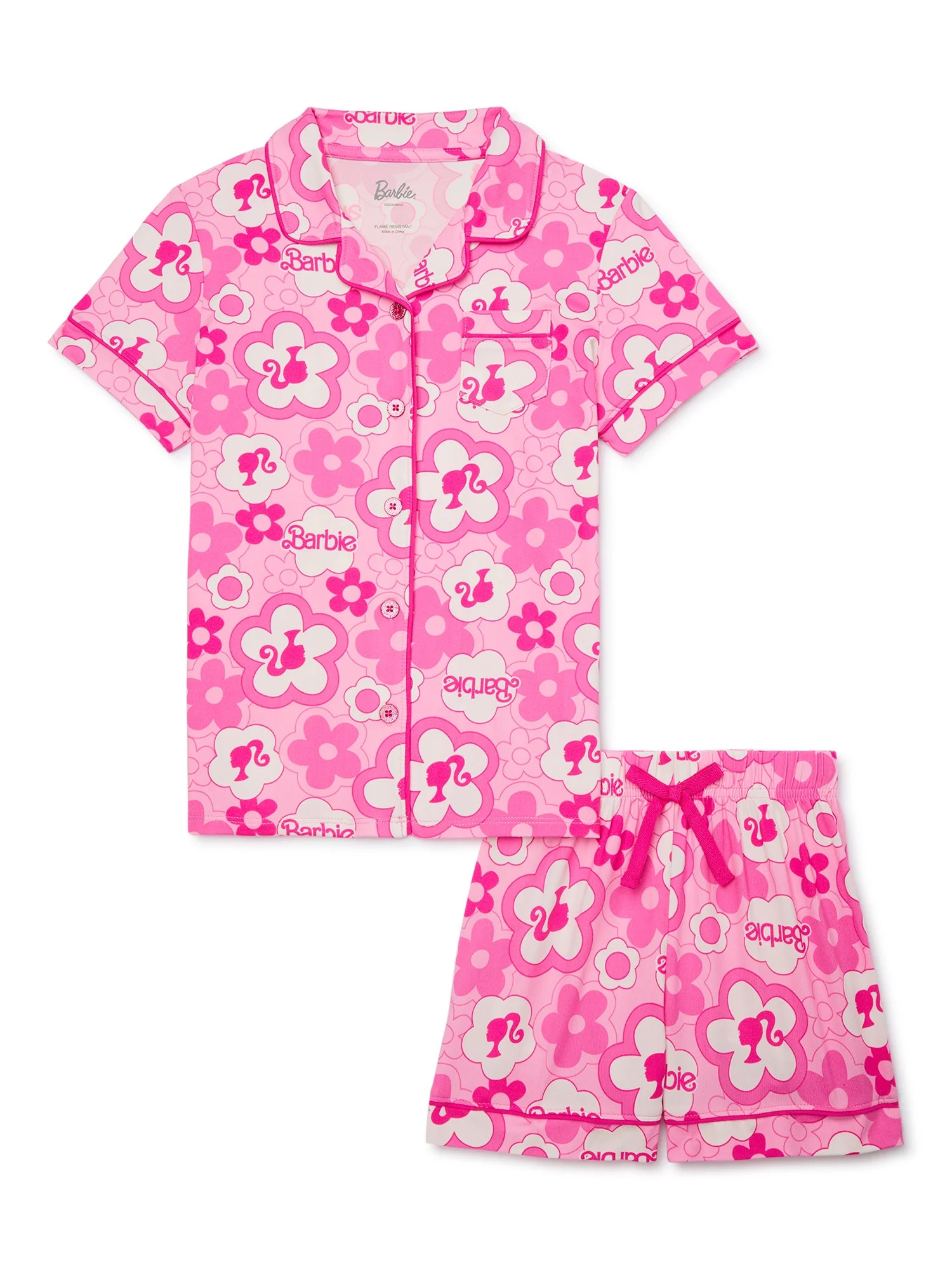 Barbie Girls Button Front Top and Shorts Pajama Set, 2-Piece, Sizes 4-12 | Walmart (US)