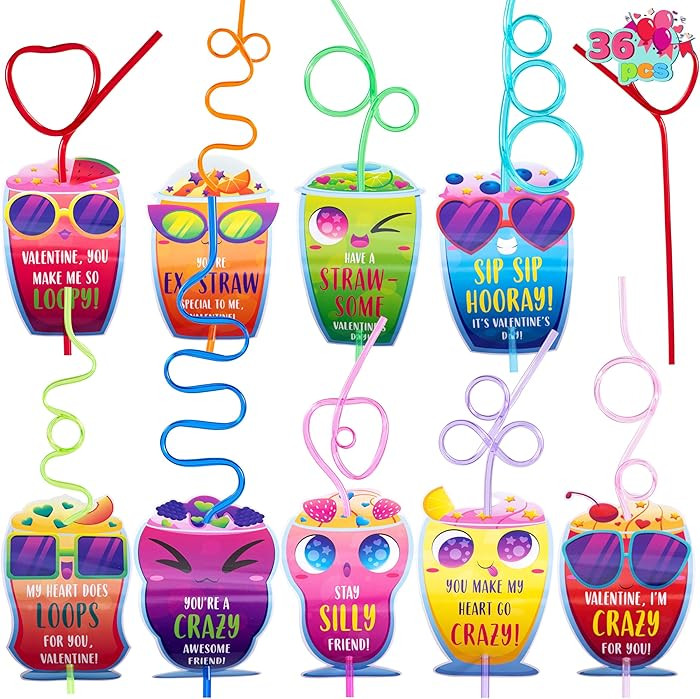 JOYIN 36 Pack Valentines Day Gift Cards with Colorful Loop Reusable Drinking Straws for Valentine... | Amazon (US)