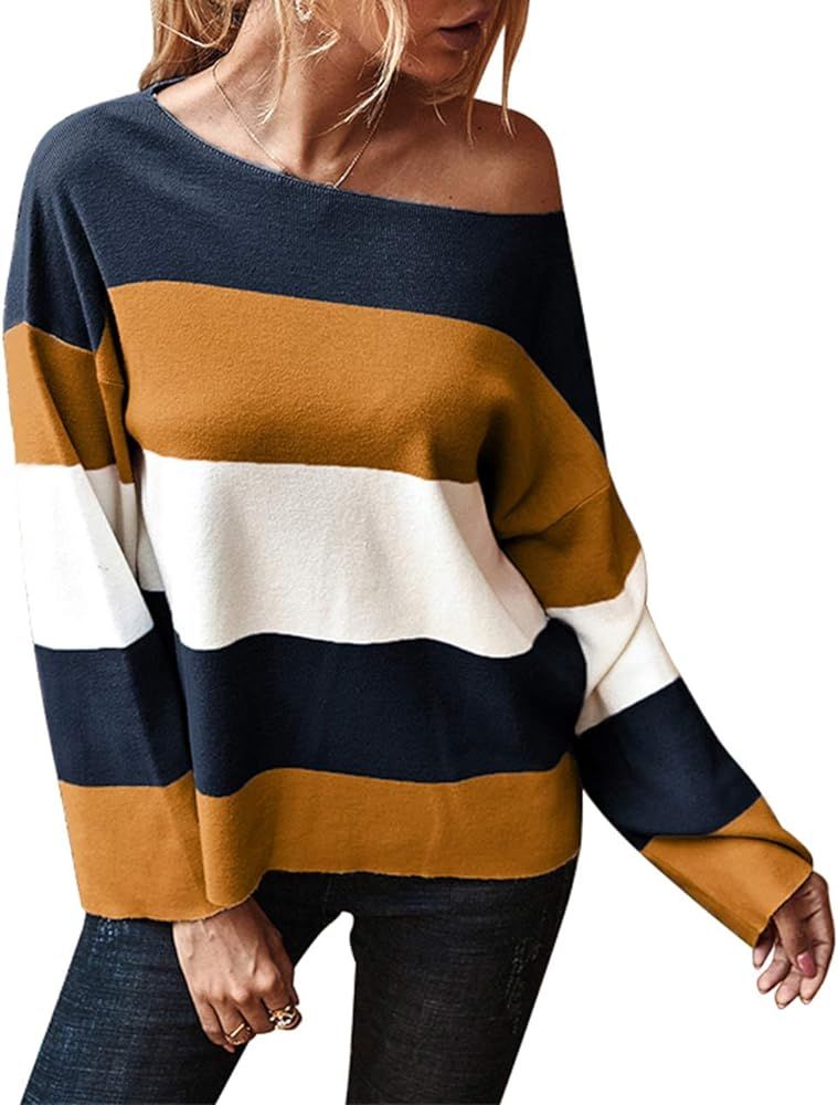 PRETTYGARDEN Women’s Casual Striped Color Block Knit Sweater Long Sleeve Crew Neck Loose Pullov... | Amazon (US)