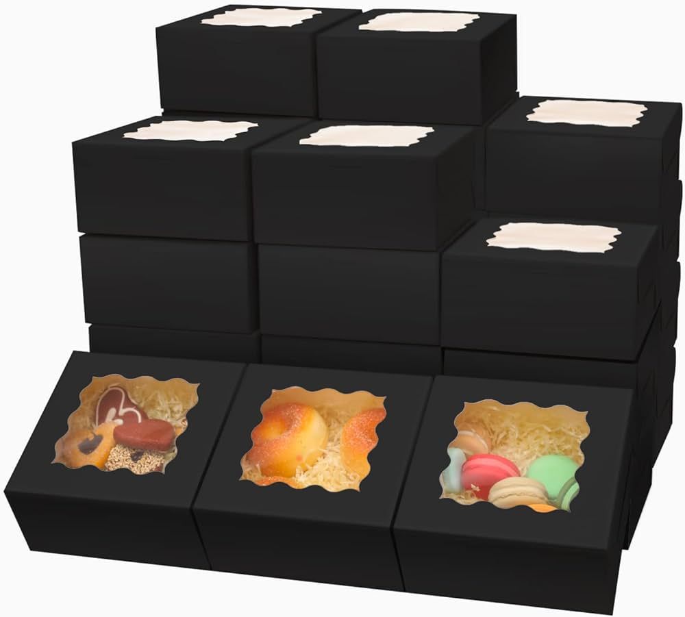 100pcs Black Bakery Boxes with Window 6x6x3 inches Thick & Sturdy Macaroon Pastry Boxes Cookie Bo... | Amazon (US)