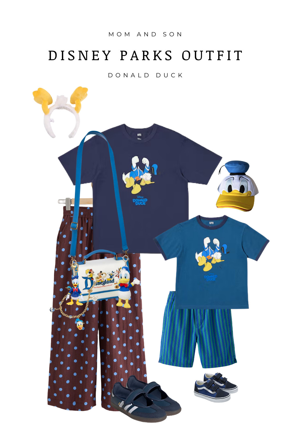  Mom and son Disney parks outfit inspired by Donald Duck. Matching graphic tees paired with comfy shorts and polka dot pants for a fun, coordinated park day look. Finished with playful accessories, character bag, and comfortable sneakers perfect for walking all day at Disney.

 