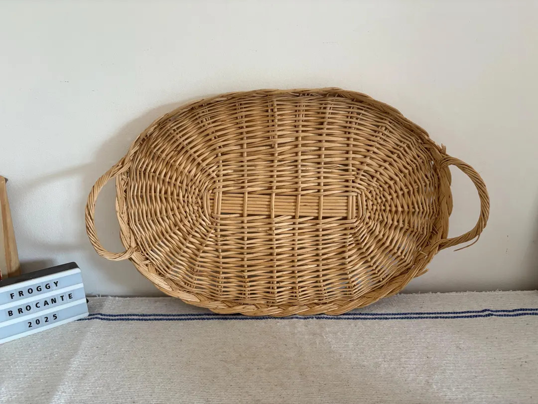 A Large French Oval Vintage Light Brown Rattan Cane Wicker Basket Tray With Two Handles to Serve ... | Etsy (US)