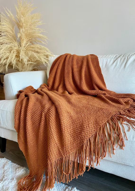 Rust throw blanket | orange throw blanket | fall throw blanket | fringe throw blanket | boho thro... | Etsy (US)