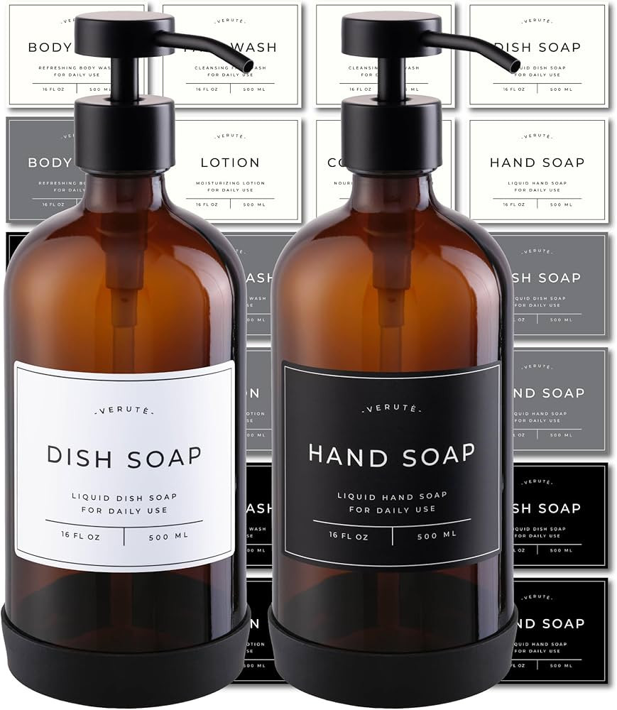 16oz Glass Soap Dispenser with Stainless Steel Pump, 21 Waterproof Labels, Non-slip Protective Si... | Amazon (US)