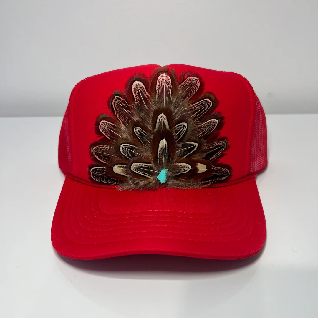 FEATHER Trucker Hat Western Cowgirl NFR Rodeo Hat Red - Etsy | Etsy (US)