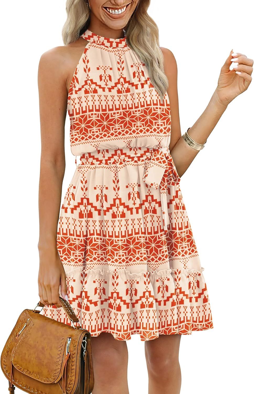 XIEERDUO Womens Summer Dresses Halter Neck Pleated Front Tie Waist Backless Ruffle Sun Dress | Amazon (US)