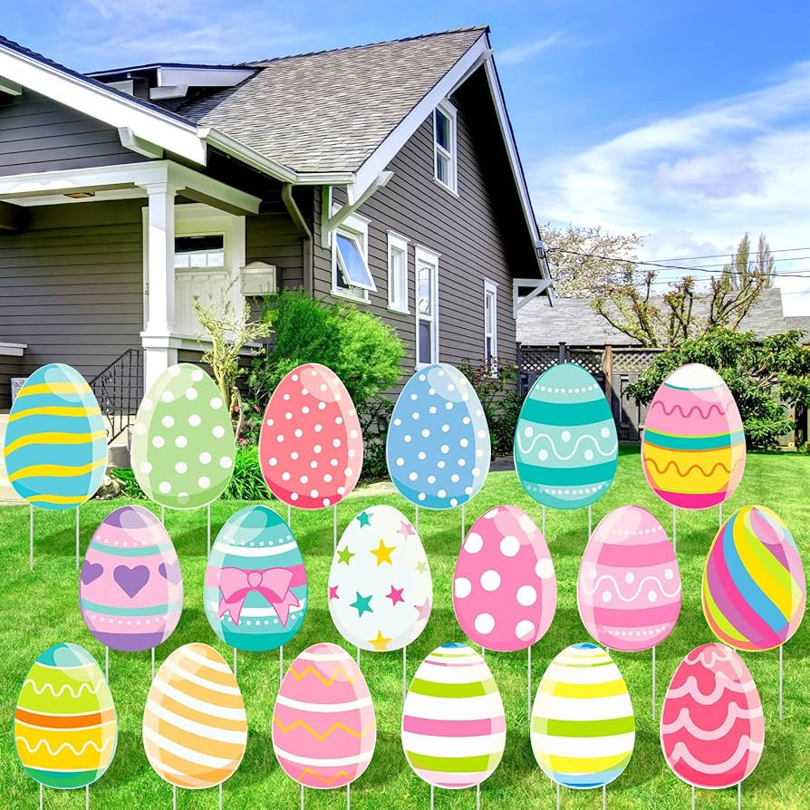 18 Pcs Easter Colorful Eggs Yard Signs with Stakes Cute Eggs Yard Decorations Decor Waterproof Ou... | Amazon (US)