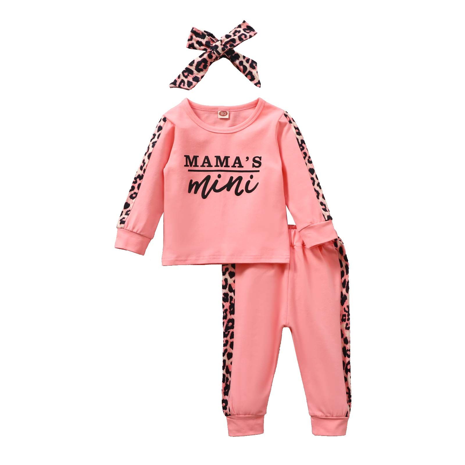 PigMaMa Baby Girl Clothes Toddler Outfits Long Sleeve T-Shirt Tops Letter Print Leopard Headband Pan | Amazon (US)