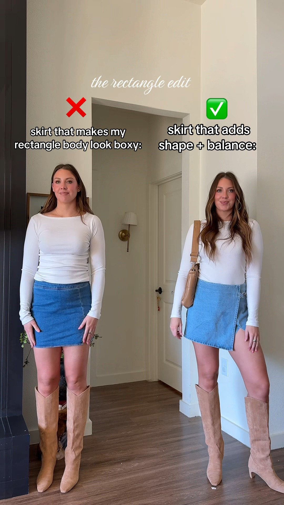 If you tend to feel boxy or straight up and down and skirts, try a wrap skirt instead! These give the illusion of curves and add more dimension to your lower half creating a more balanced silhouette! I’m 510 wearing a medium in the skort and Small tall in the top ￼

#LTKootd #LTKSeasonal