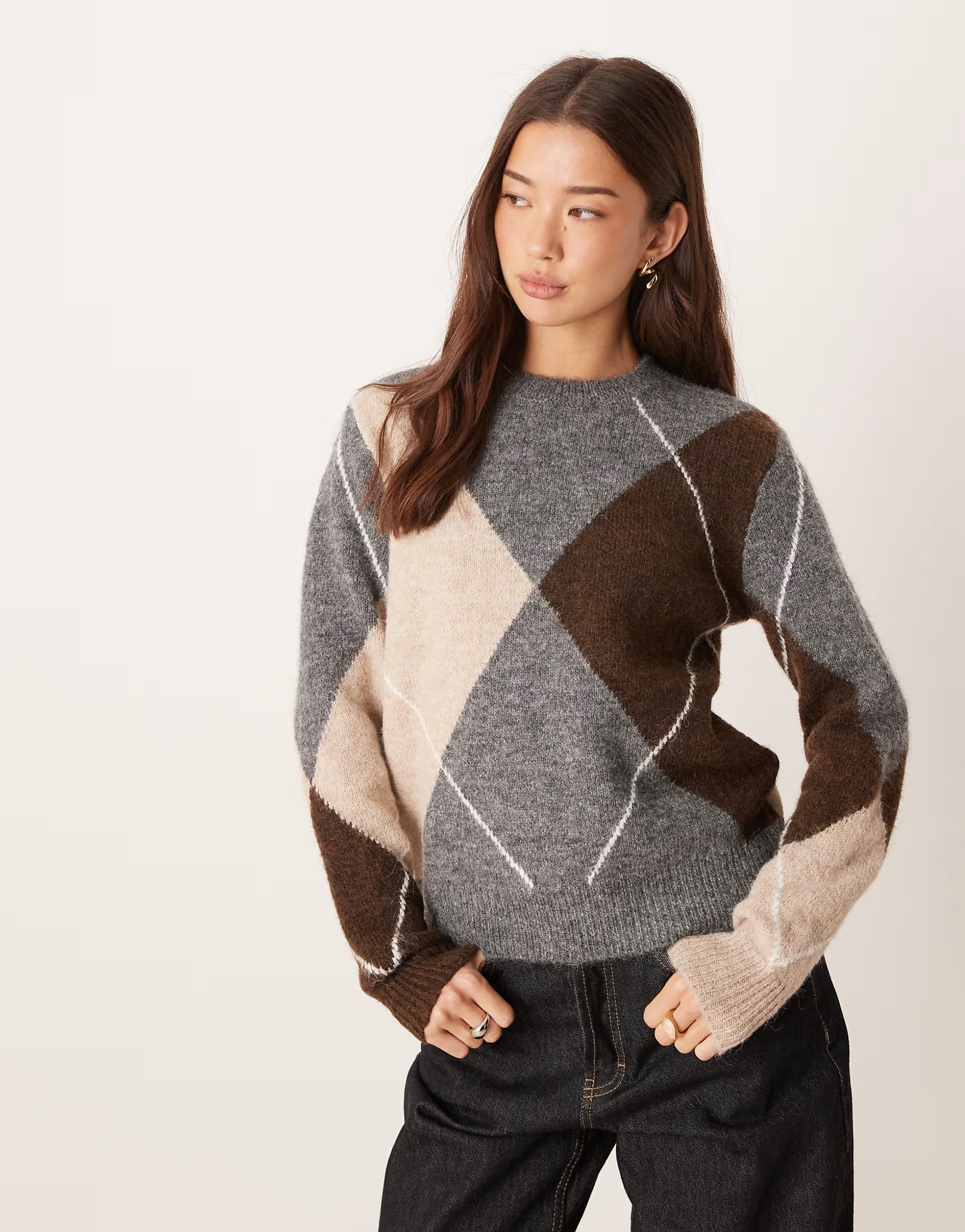 AWARE oversized hairy textured argyle print knitted jumper in grey and brown | ASOS (Global)