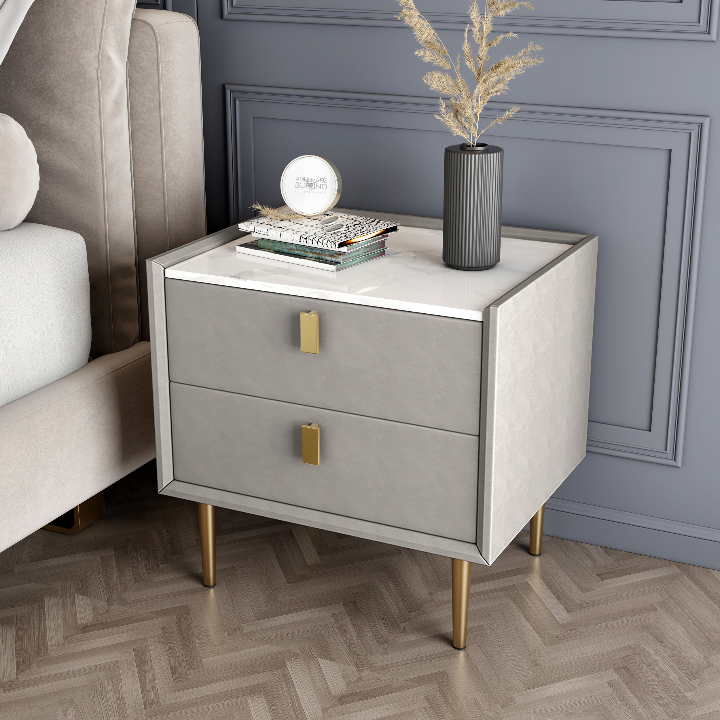 Modern PU Leather Nightstand with 2 Drawers Bedside Table in Light Gray | Homary