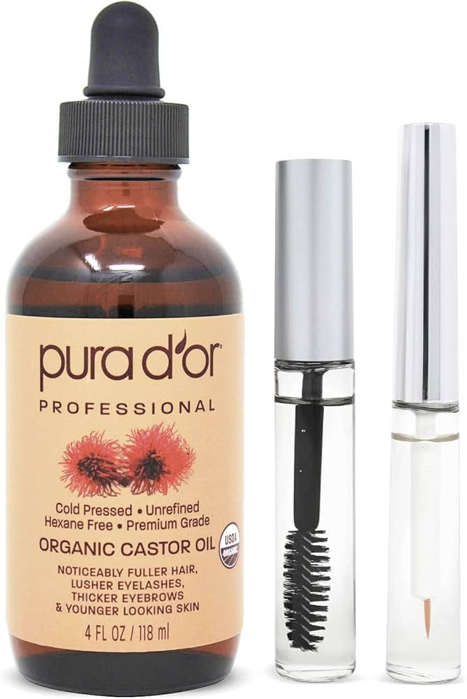 PURA D'OR Organic Castor Oil (4oz + 2 BONUS Pre-Filled Eyelash & Eyebrow Brushes) 100% Pure, Cold... | Amazon (US)