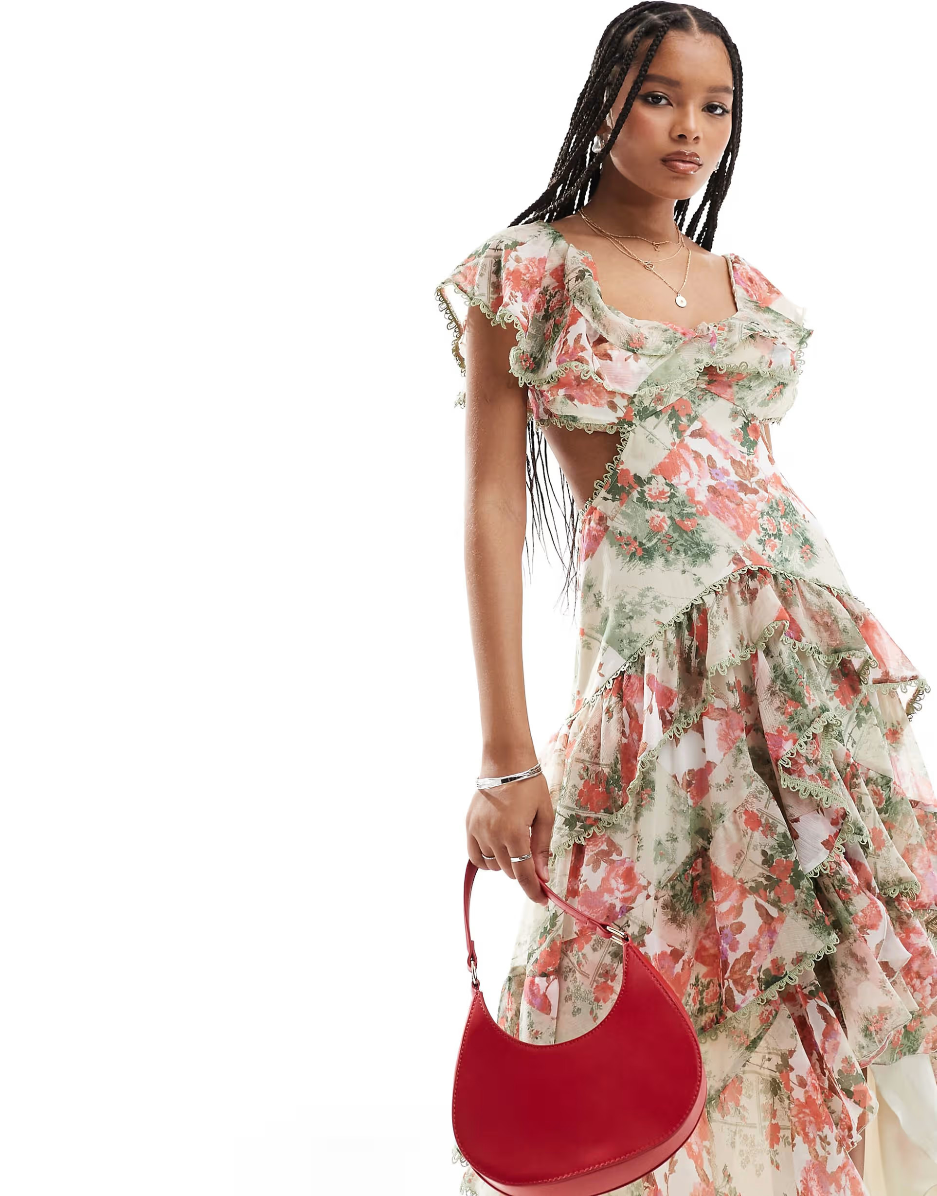 ASOS DESIGN flutter sleeve maxi dress with tiered skirt and lace trim in floral print | ASOS (Global)