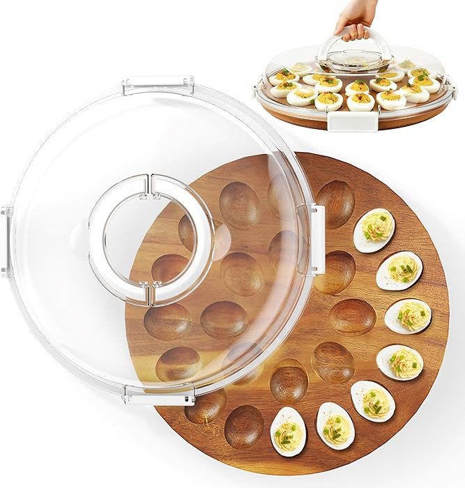 Deviled Egg Containers with Lid, 2026 Upgraded Wooden Deviled Egg Tray Platter with 24 Slots for ... | Amazon (US)