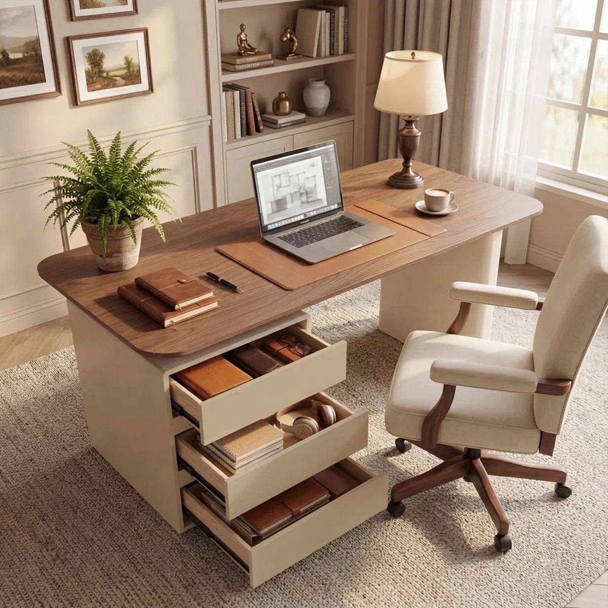 Modern Desk with 3 Drawer Storage, 70.86" Walnut Wood Top with Asymmetric Cream Base for Office

#LTKHome #LTKU #LTKOver40