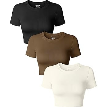 OQQ Women's 3 Piece Crop Tops Crew Neck Shorts Sleeve Stretch Fitted Shirts Crop Tops | Amazon (US)