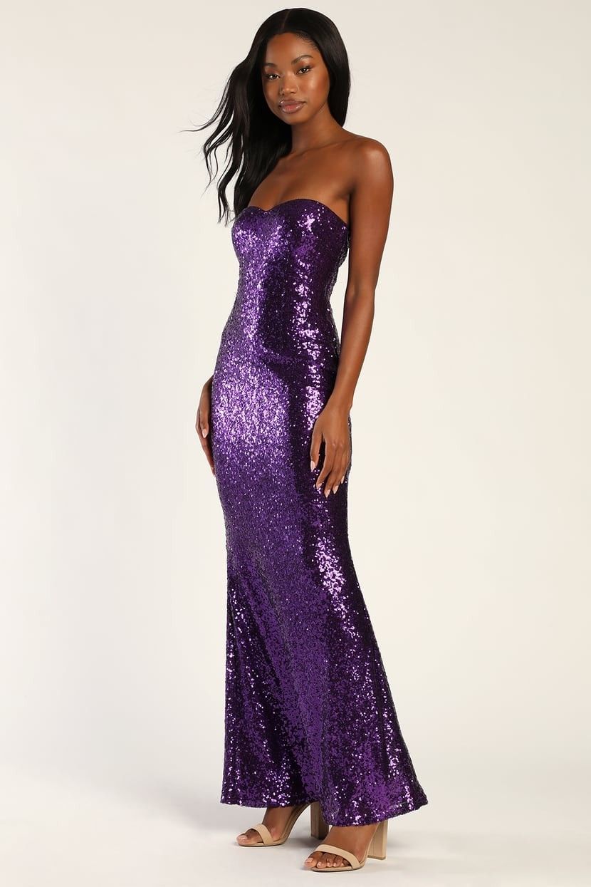 Purple Sequin Strapless Mermaid Maxi Dress Sequin Dress Dresses Purple Dress Wedding Guest Dress  | Lulus (US)