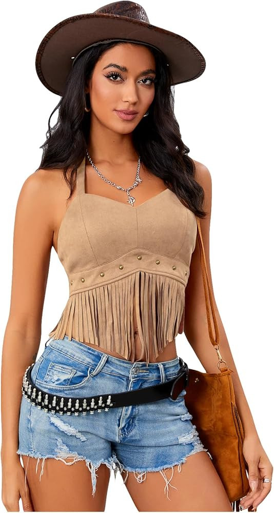 Women's Y2K Fringe Halter Western Cowgirl Tie Tank Top Tassel Rivet Faux Suede Hippie Crop Top 70... | Amazon (US)