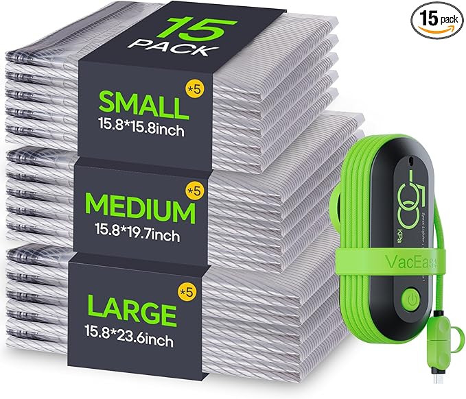 Vacuum Bags for Travel with USB Electric Pump, 15 Pack Carry-on Size Compression Packing for Lugg... | Amazon (US)